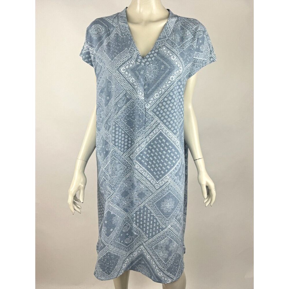 J Jill V neck Shift Dress Women XL NWT Short Sleeve Stretch Cotton Patch Blue